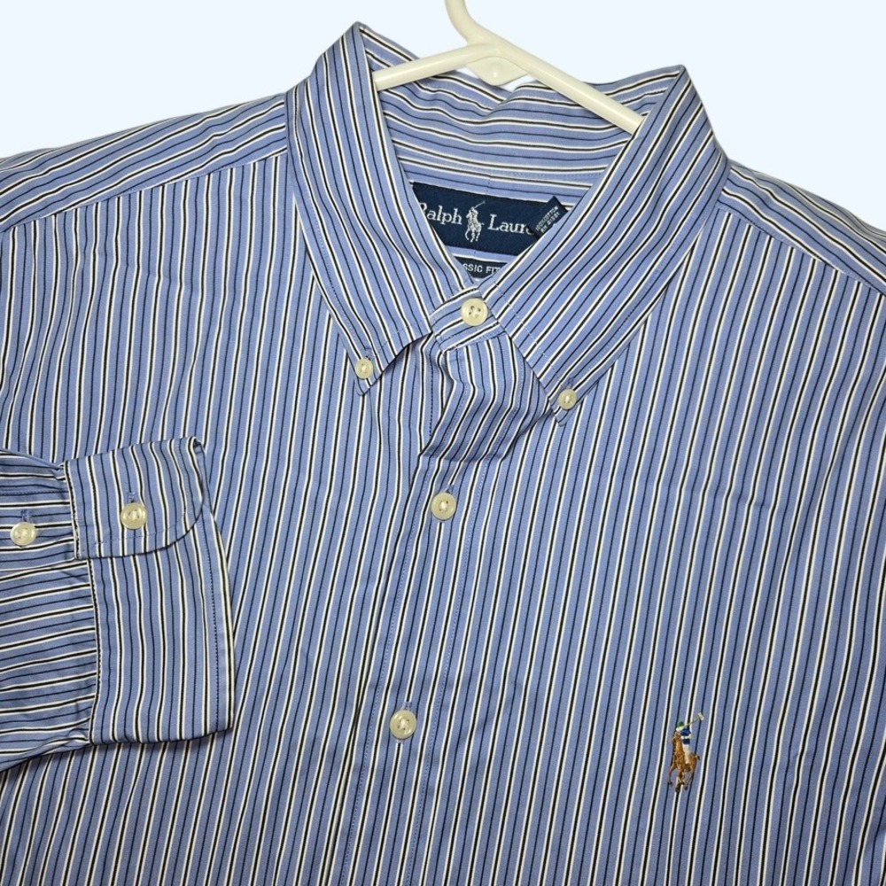 Ralph Lauren Men XL Classic Fit Blue White Striped Button Down Shirt Long Sleeve